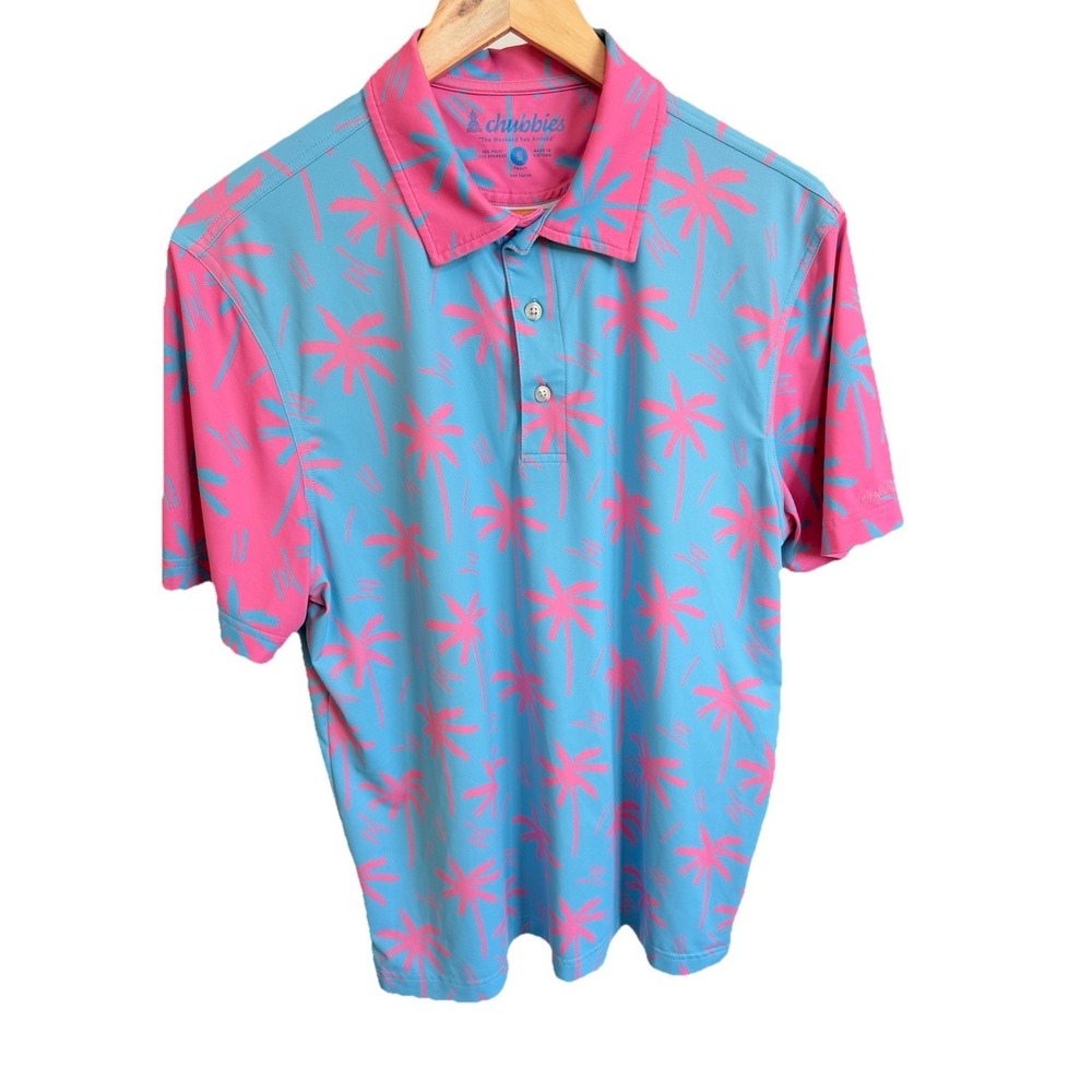 Chubbies Polo Shirt Men's Small Blue Pink Golf Performance Palm Tree AOP Stretch